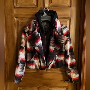 Y2K Beverly Hills Polo Club Red and Black Plaid Moto Hooded Cropped Jacket